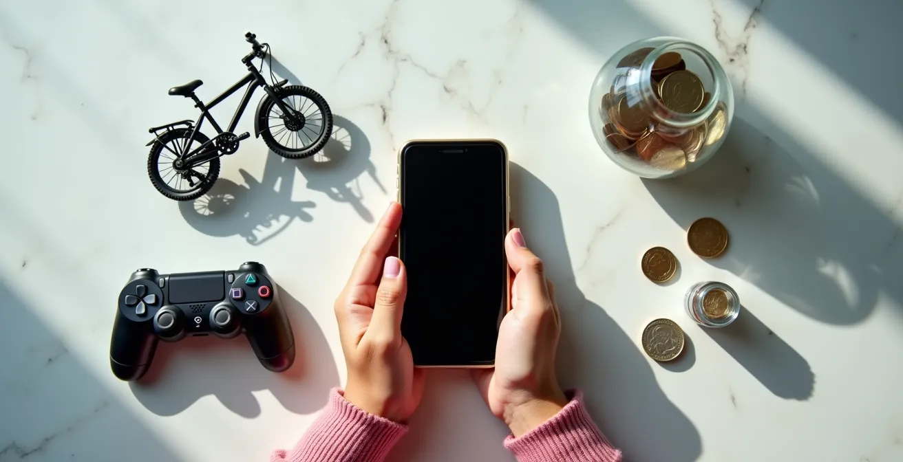 Ragazzo adolescente che visualizza i progressi di risparmio su app bancaria