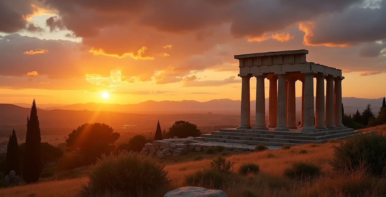 Alba dorata sui templi greci della Valle dei Templi ad Agrigento senza turisti