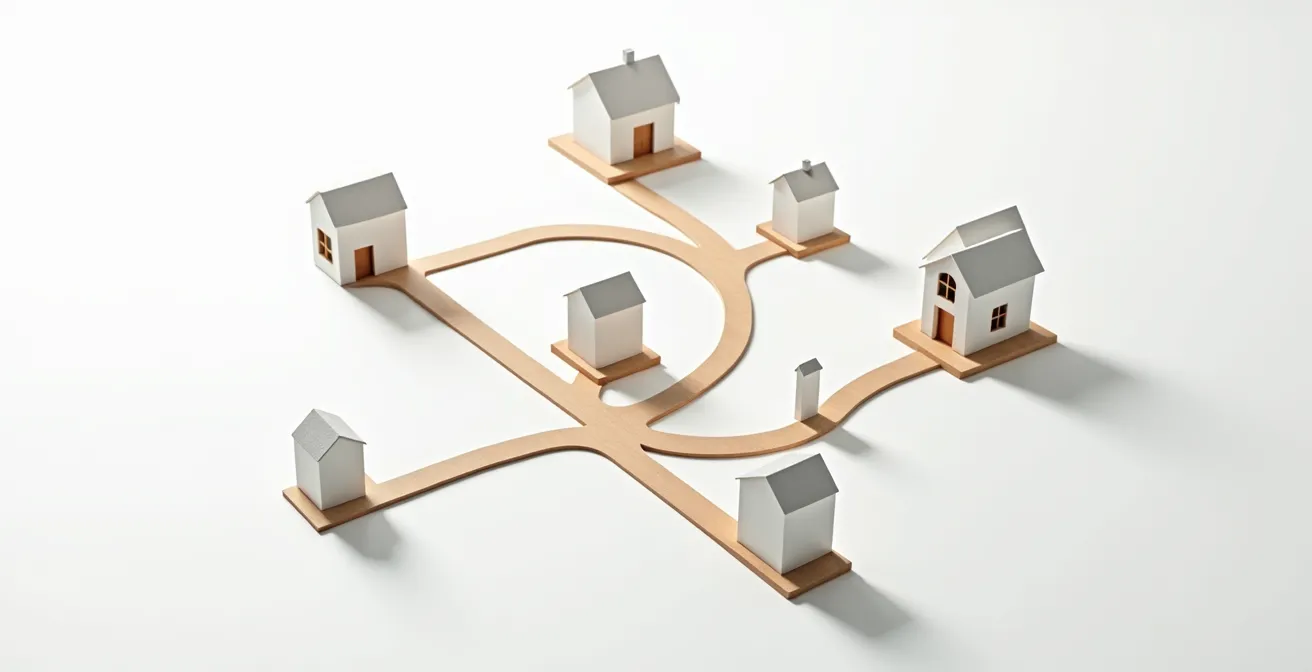 Schema decisionale con frecce e percorsi per la gestione fiscale di immobili multipli in Italia