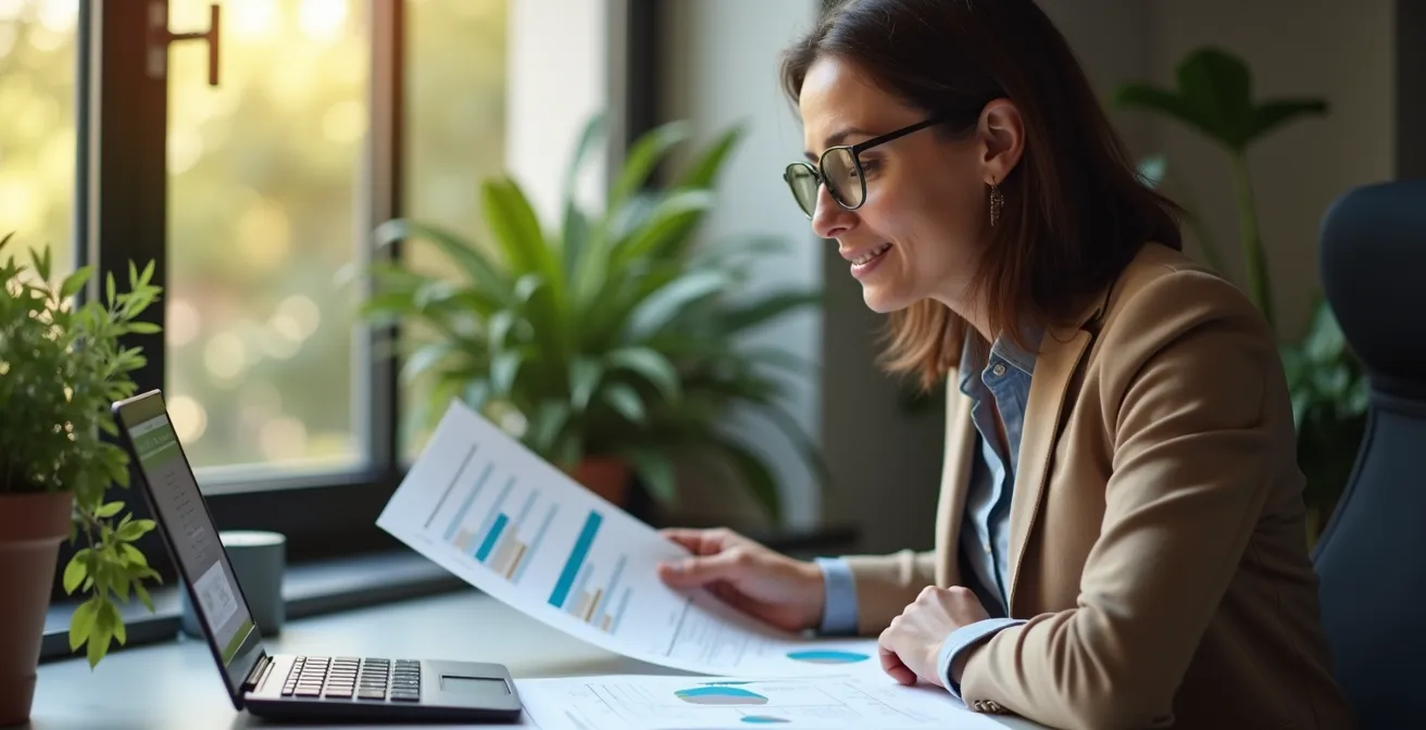 Manager di una PMI italiana che analizza un cruscotto di sostenibilità con documenti aziendali sulla scrivania