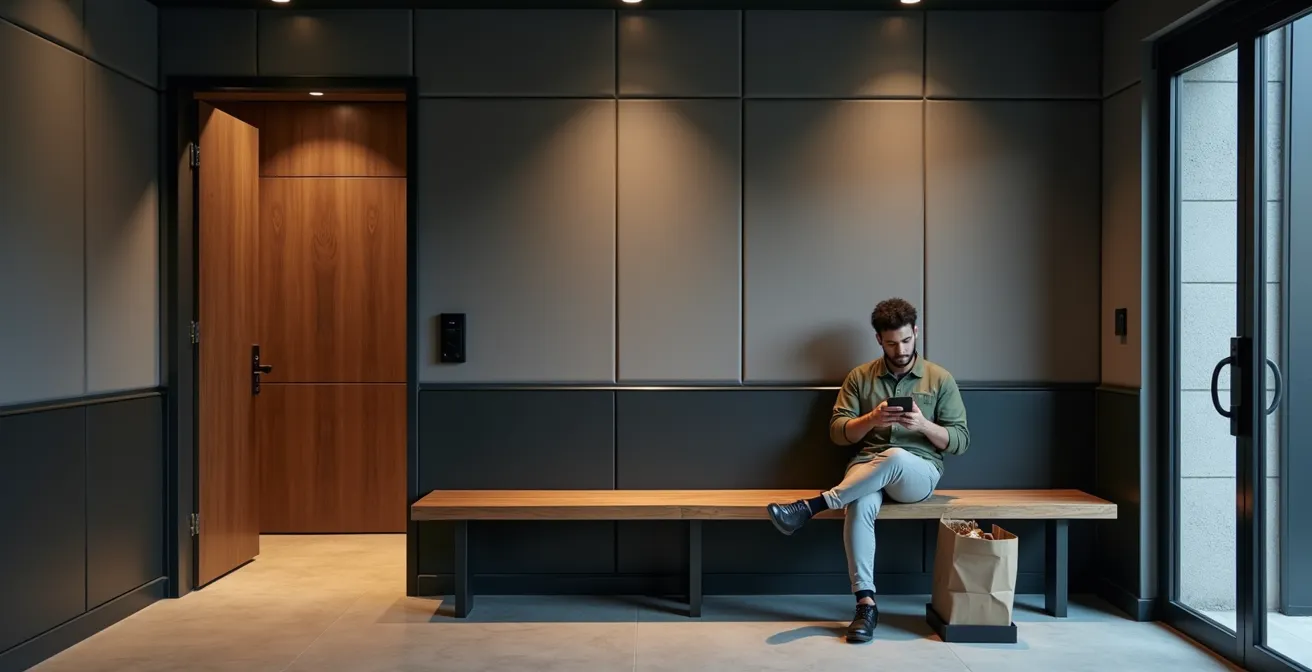 Vista di un'anticamera insonorizzata con doppia porta all'ingresso di una dark kitchen