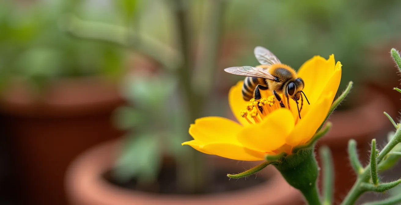 Ape che impollina i fiori di un ortaggio coltivato su un balcone in città