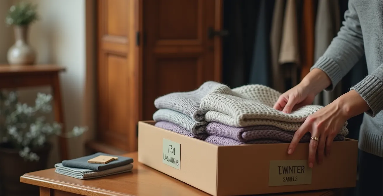 Armadio tradizionale italiano durante il cambio di stagione con scatole etichettate