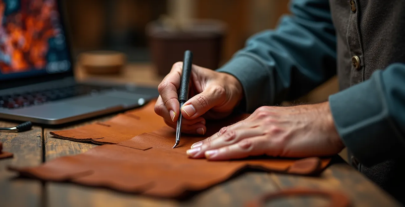 Mani artigiane lavorano su un prodotto in pelle mentre un laptop mostra pattern digitali colorati