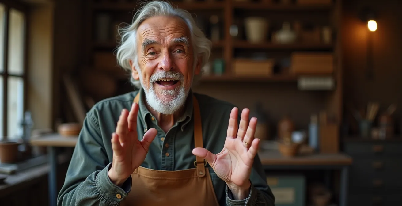 Artigiano italiano che spiega con passione il suo lavoro nel laboratorio