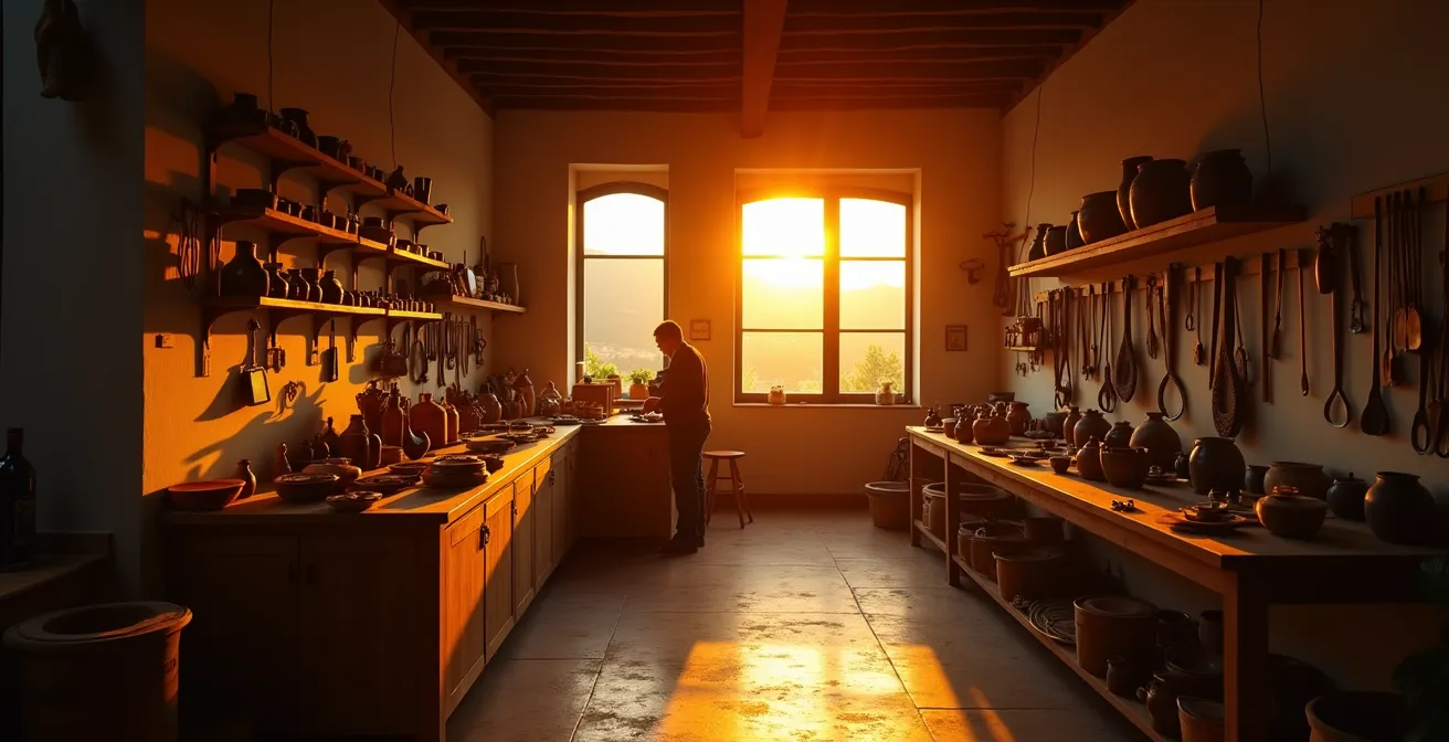 Vista ampia di un laboratorio artigianale italiano al tramonto con luce calda che filtra dalle finestre