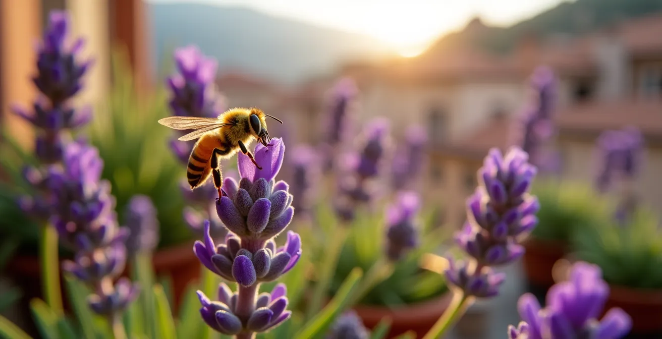 Balcone cittadino con piante mediterranee in fiore, api e farfalle