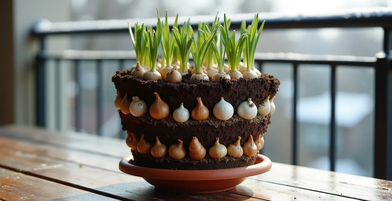 Sezione di un vaso che mostra la tecnica di stratificazione dei bulbi per una fioritura scalare in primavera