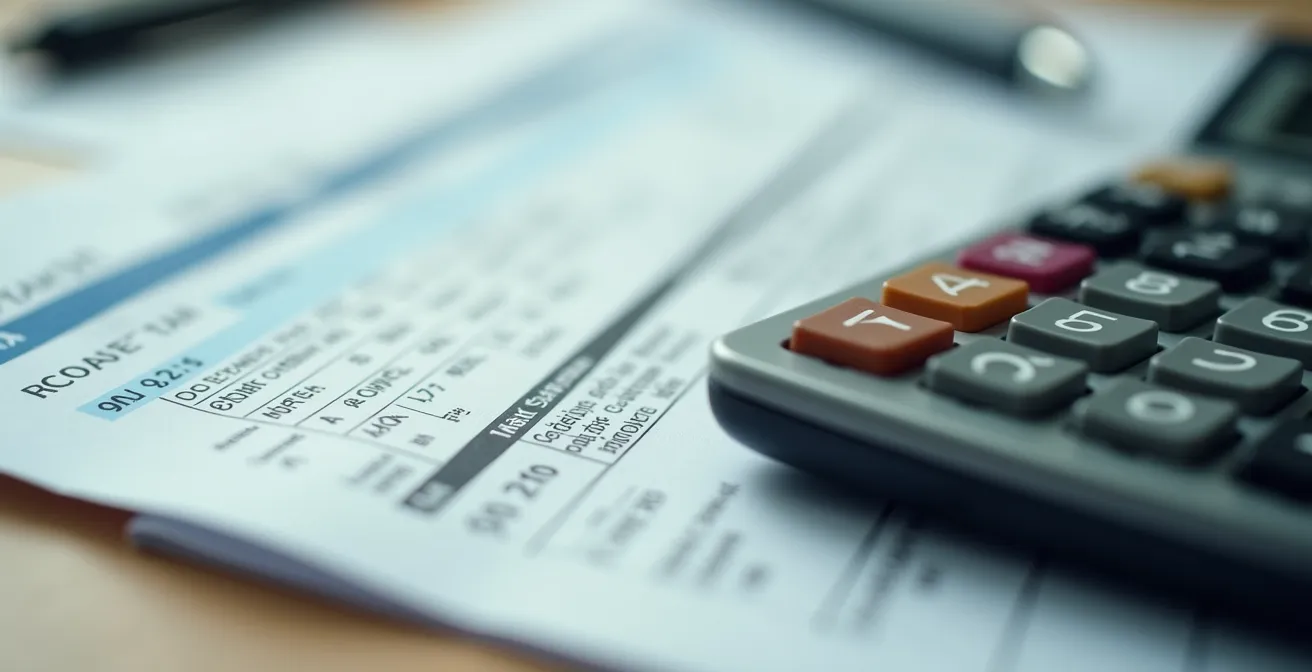 Tavolo con documenti fiscali e calcolatrice per calcolo tasse arte