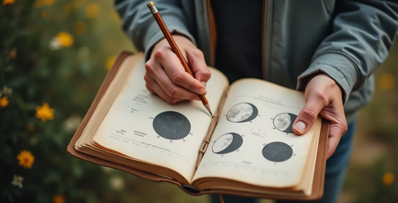 Mani che tengono calendario astronomico con fasi lunari cerchiate per pianificare osservazioni stellari