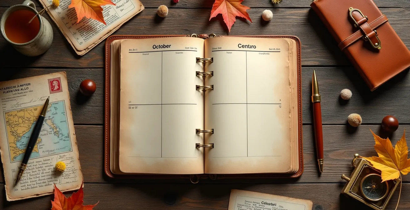 Vista dall'alto di un calendario con appunti e pianificazione delle prenotazioni turistiche