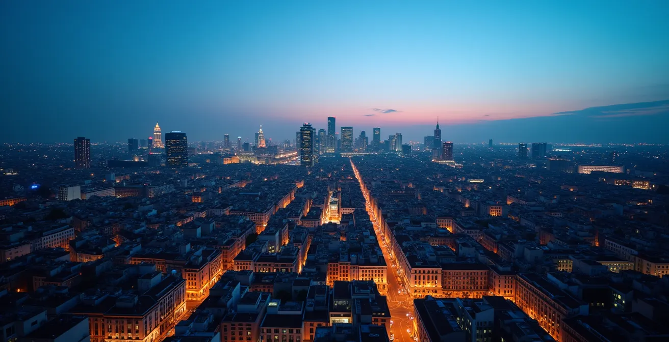 Vista aerea minimalista di Milano con zone illuminate che rappresentano i periodi di alta e bassa stagione