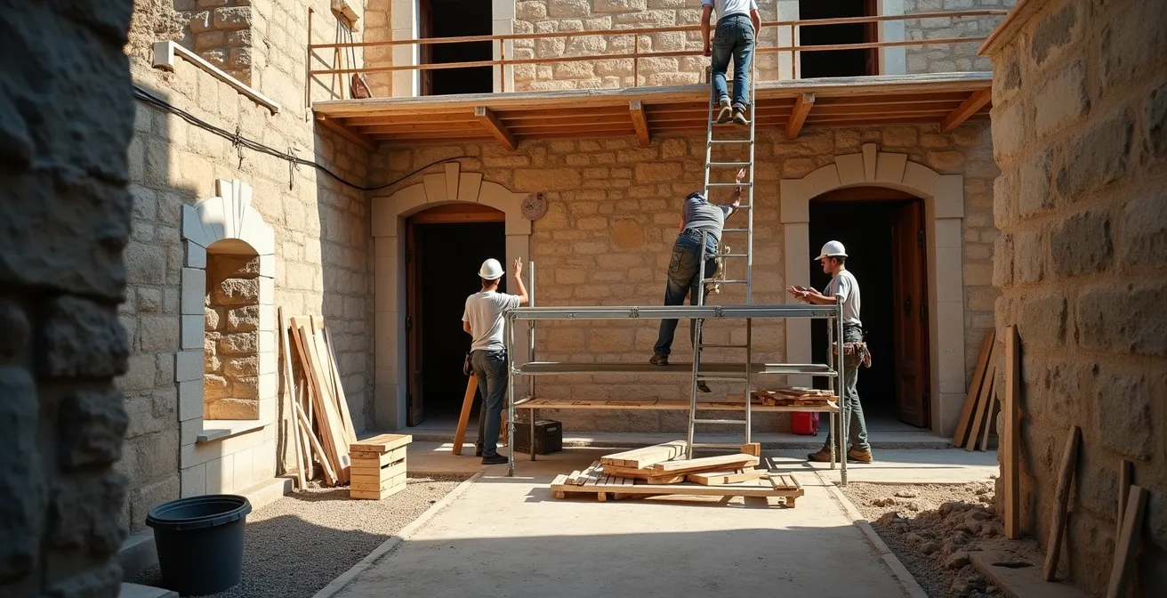 Cantiere di ristrutturazione in un borgo italiano con operai al lavoro