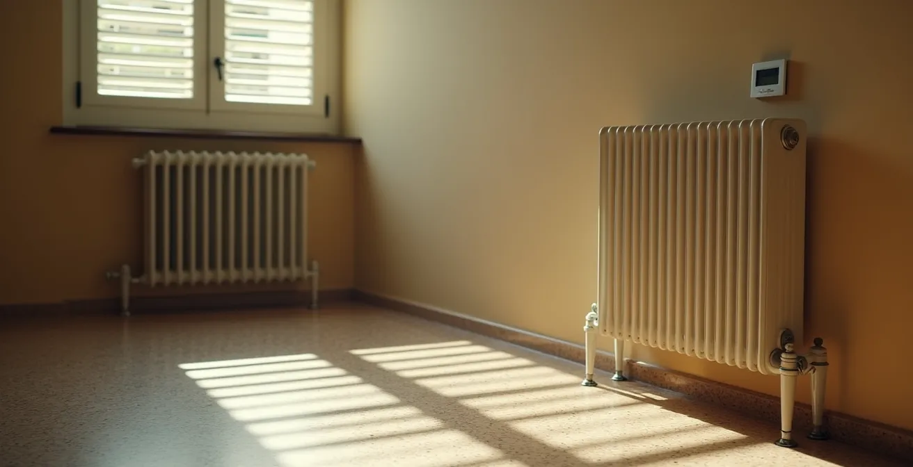 Interno di una casa anni '70 con un moderno termostato installato vicino a un radiatore, simbolo di risparmio energetico.