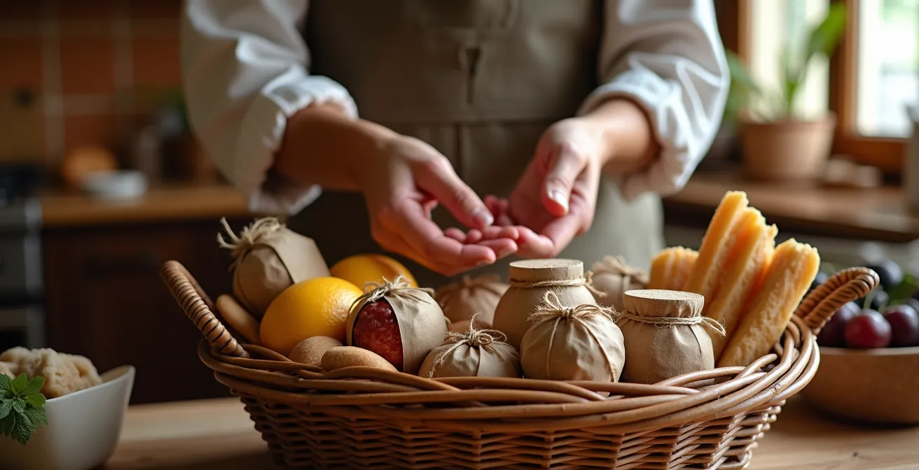Cesto di benvenuto con prodotti locali italiani presentato in modo elegante