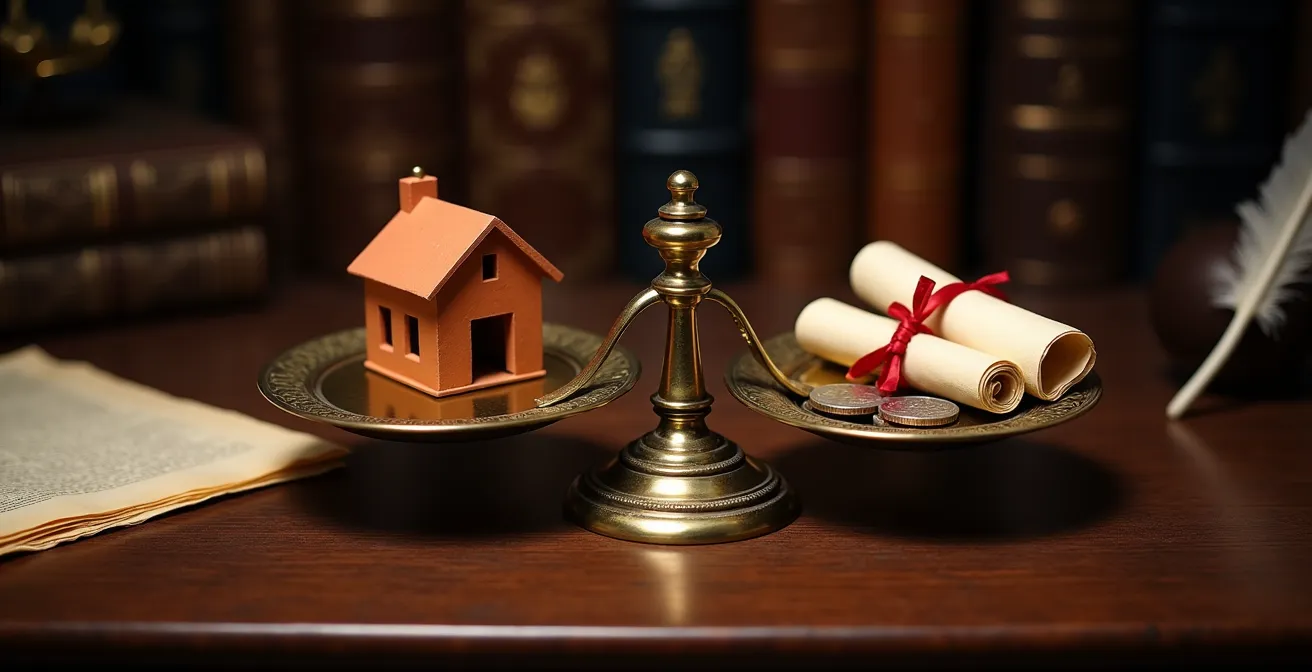 Bilancia simbolica con casa e documenti finanziari sui due piatti che rappresenta il confronto tra nuda proprietà e prestito vitalizio per anziani.