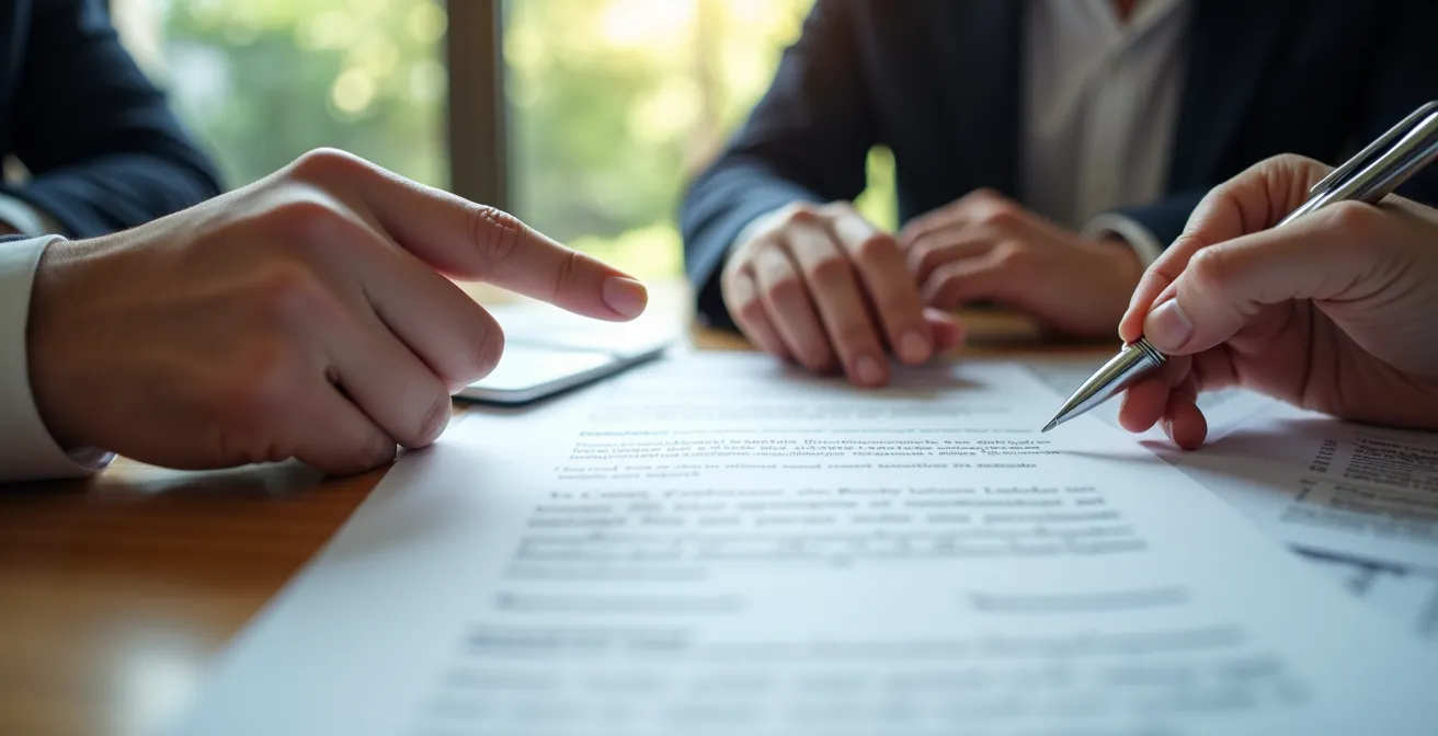 Mani che indicano clausole importanti su contratto di locazione, atmosfera professionale di studio legale