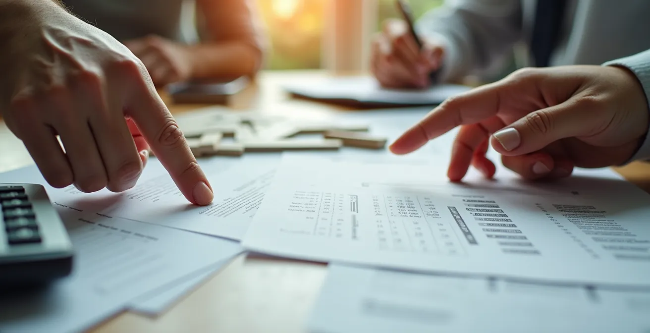 Mani di professionisti che indicano dettagli su documenti contrattuali con calcolatrice e campioni di materiali