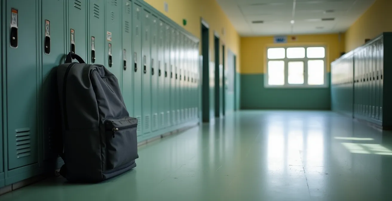 Corridoio scolastico deserto con uno zaino abbandonato vicino agli armadietti