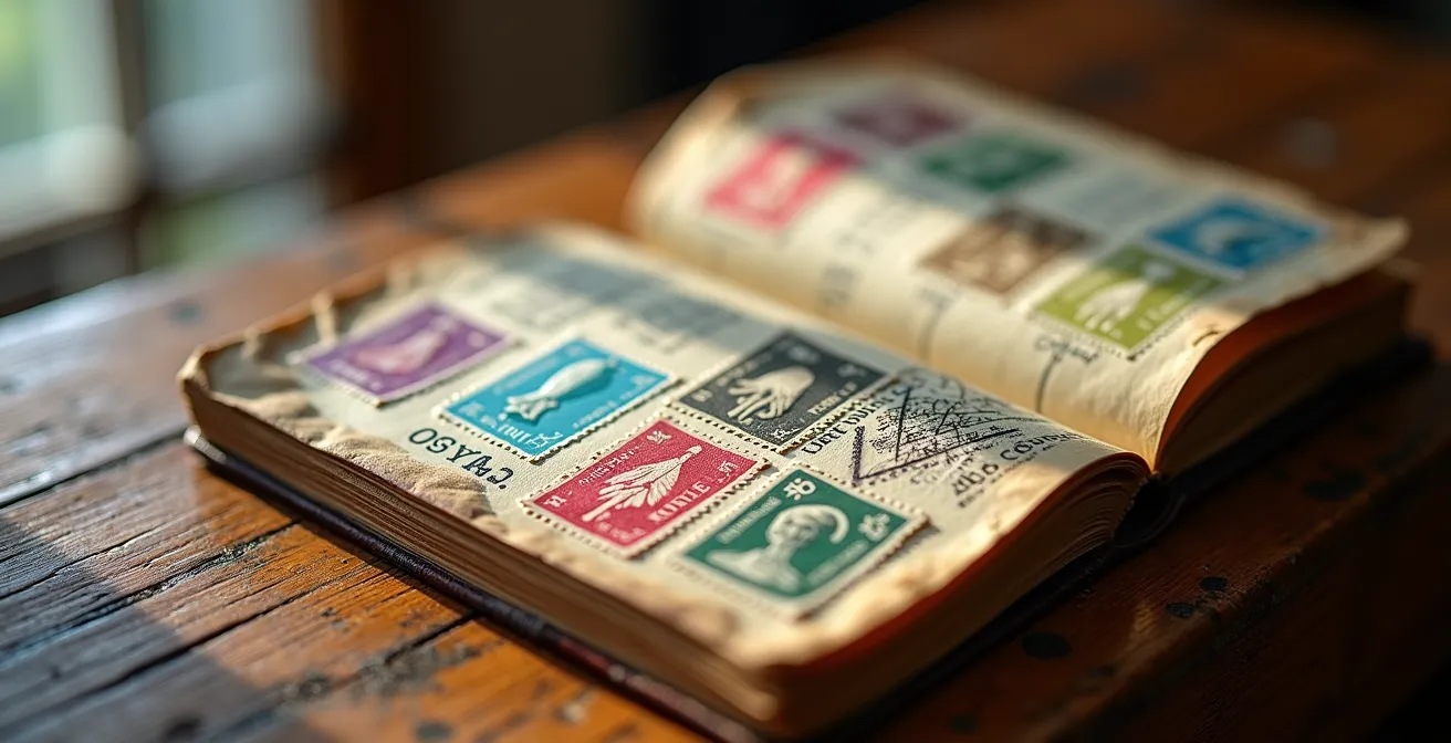 Credenziale del pellegrino aperta con timbri colorati dei vari ostelli italiani