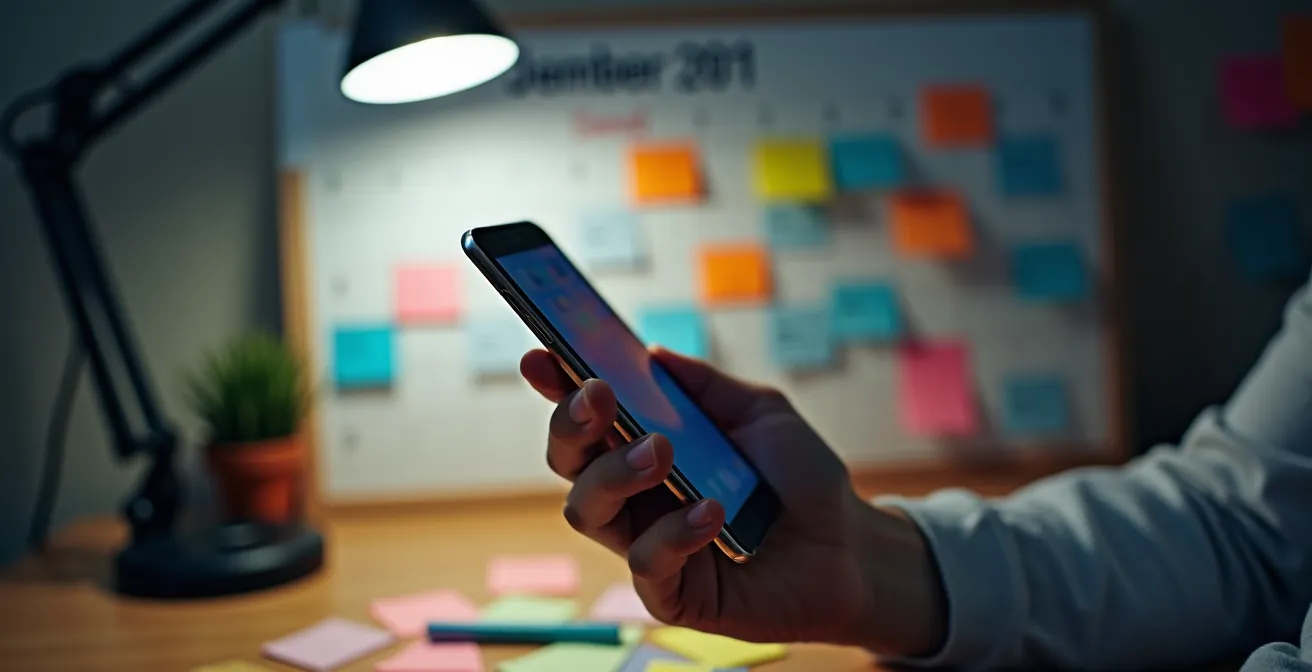 Lavoratore italiano che controlla urgentemente il credito welfare residuo sul telefono con calendario che mostra dicembre