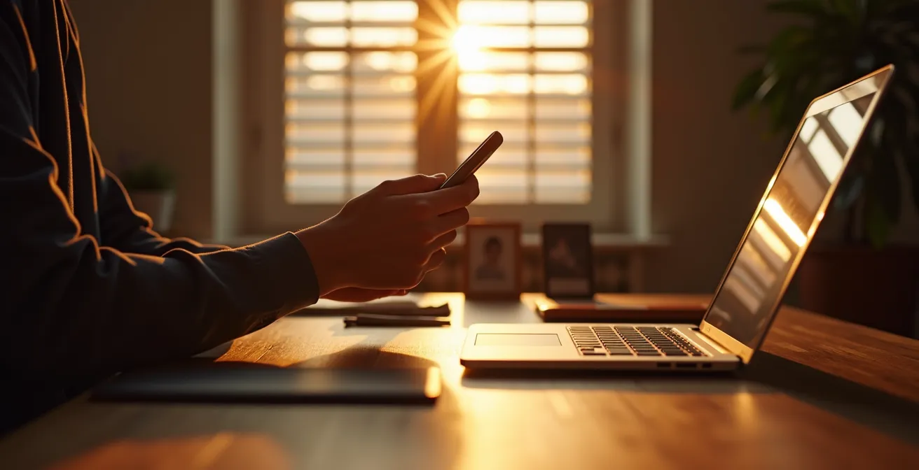 Professionista italiano che spegne dispositivi digitali al termine della giornata lavorativa