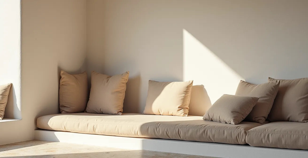 Divano in muratura con base fissa bianca e cuscini modulari in tessuti naturali italiani