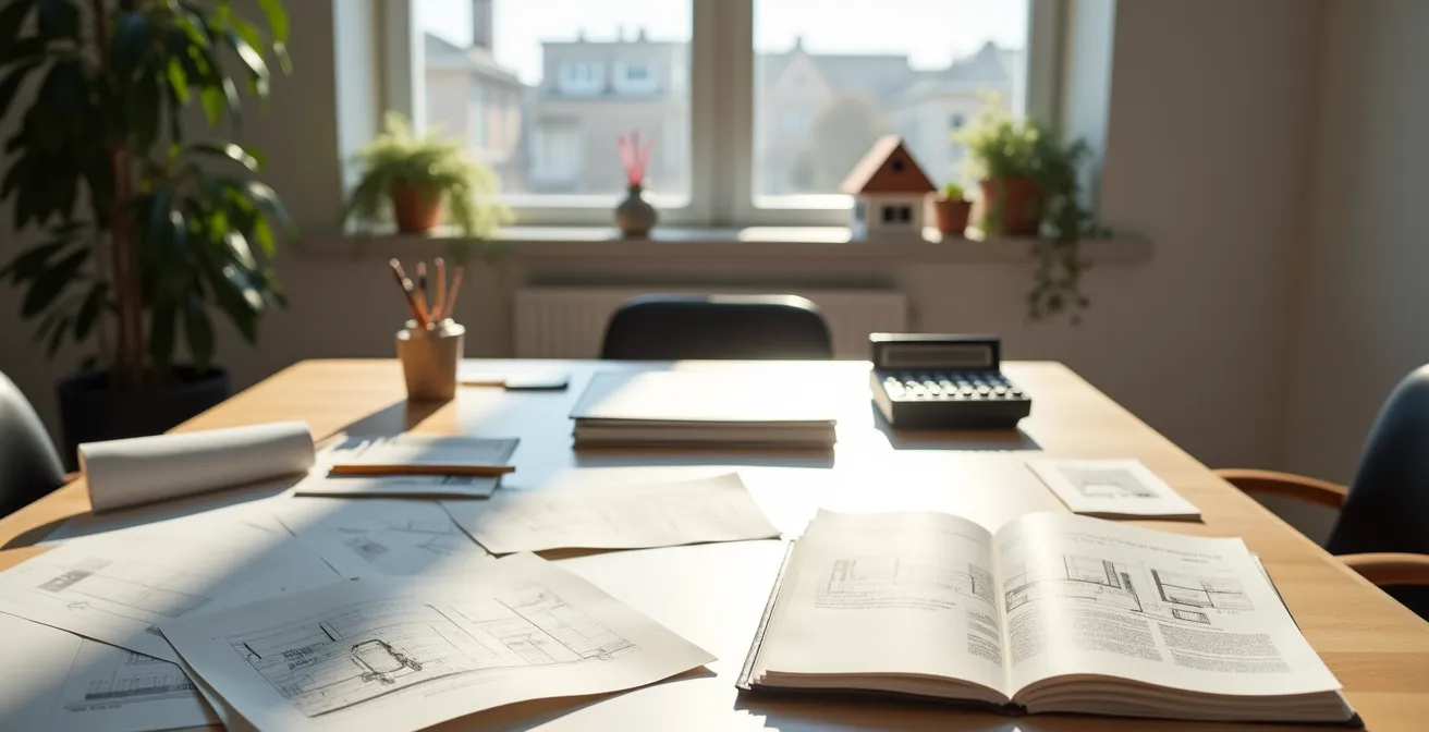 Scrivania organizzata con documenti fiscali, calcolatrice e modello casa in miniatura