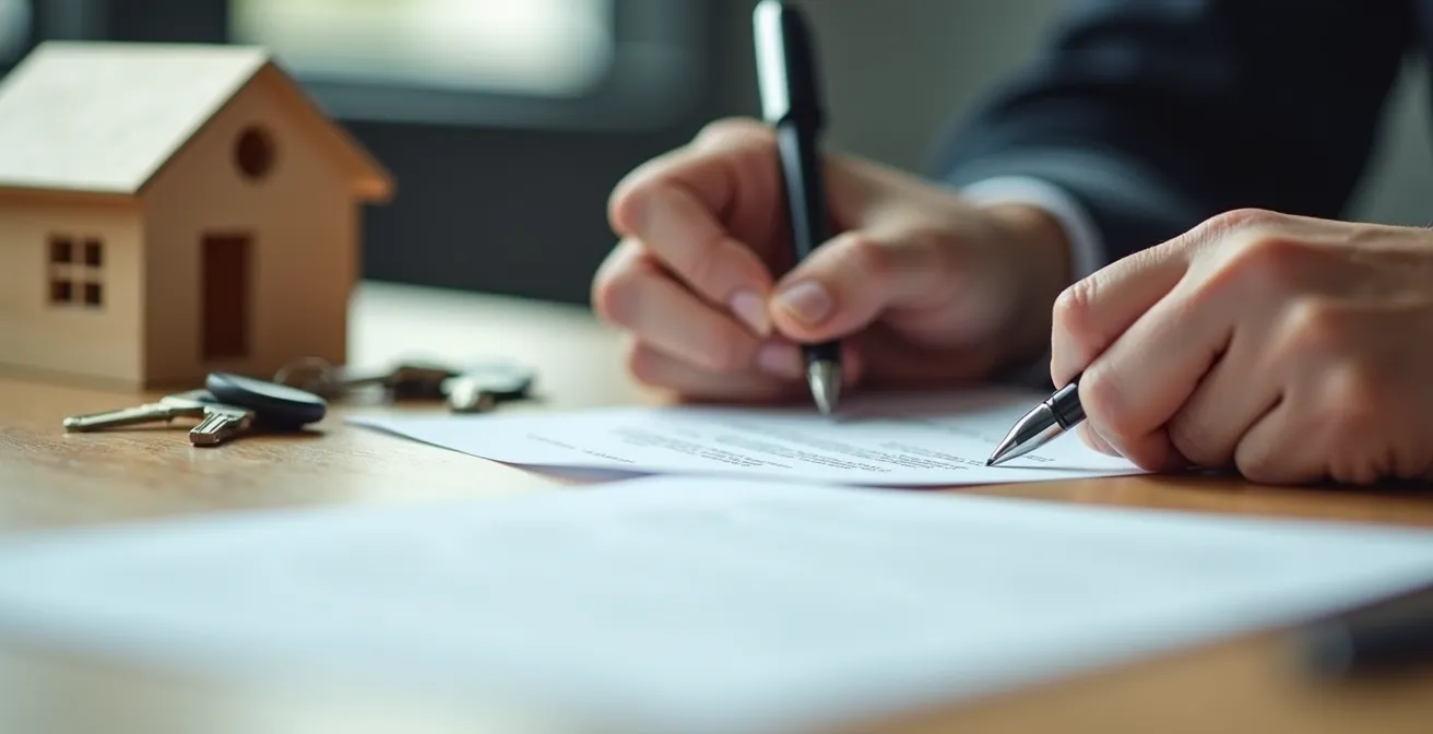 Mani che firmano documenti con chiavi di casa e modellino architettonico sfocato sullo sfondo
