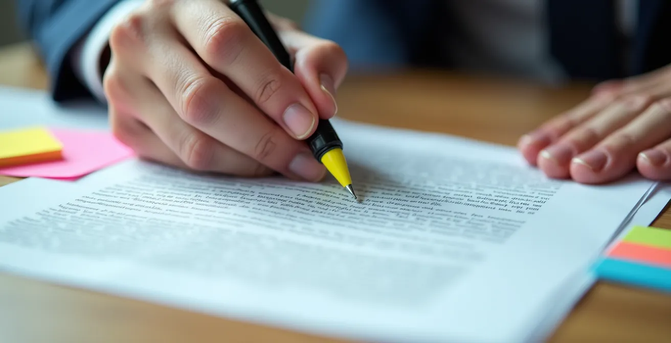 Mani che esaminano documenti contrattuali con evidenziatore e note adesive colorate