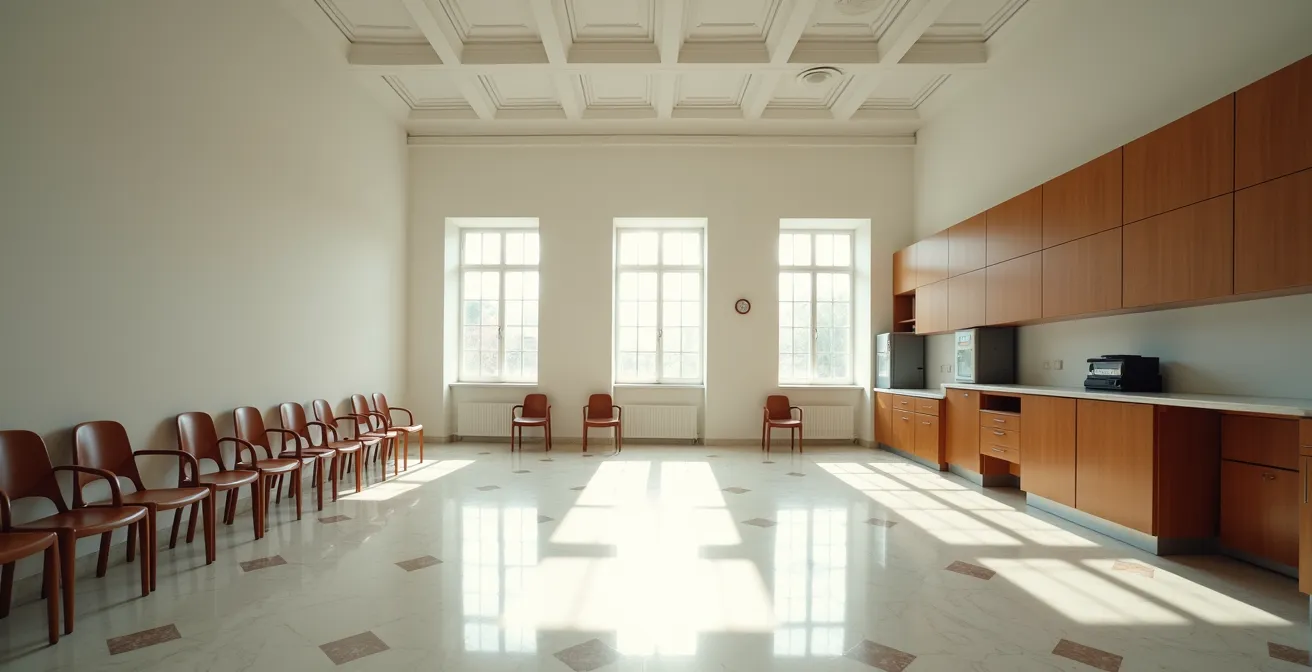 Ufficio anagrafe comunale italiano con scrivania e documenti