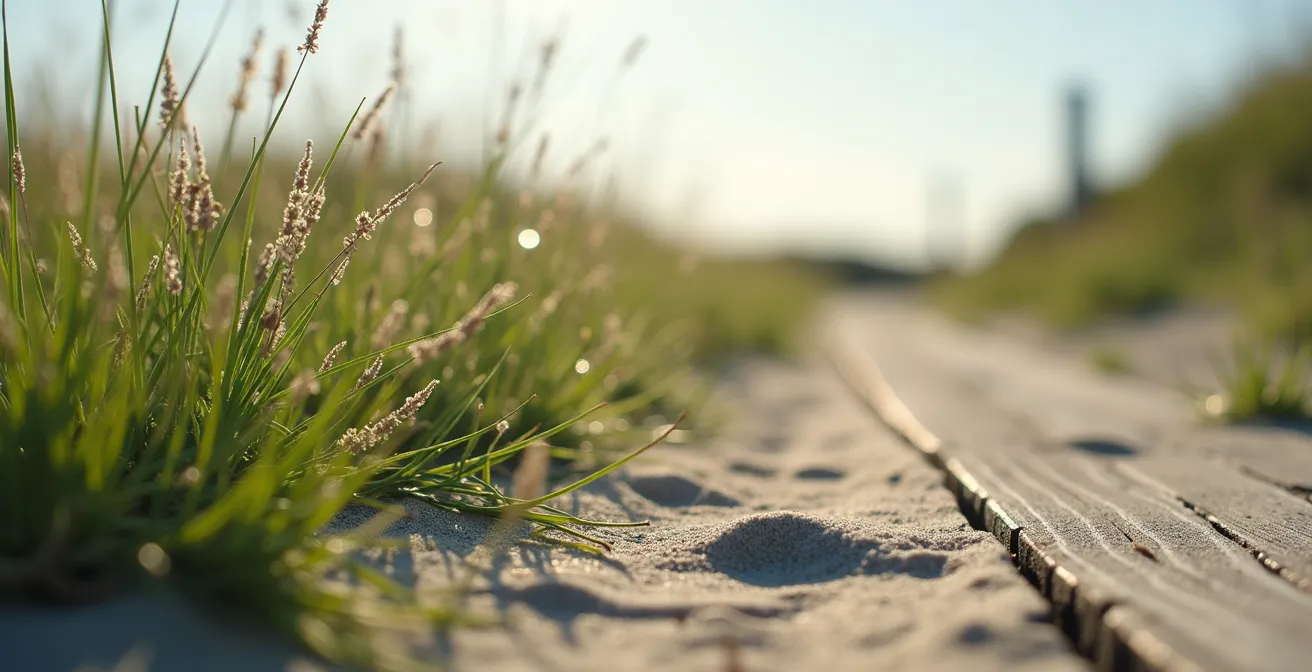Dune di sabbia protette con vegetazione costiera e passerelle in legno