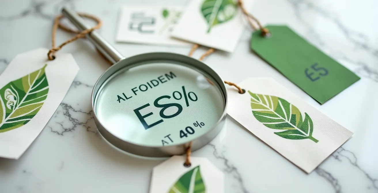 Dettaglio di etichette tessili che mostrano la vera composizione dei materiali