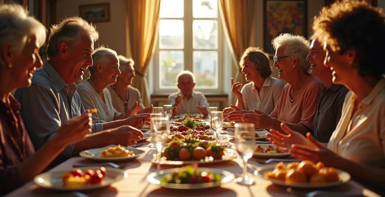 Una famiglia italiana riunita a tavola per il pranzo domenicale, sorridente e senza smartphone in vista.