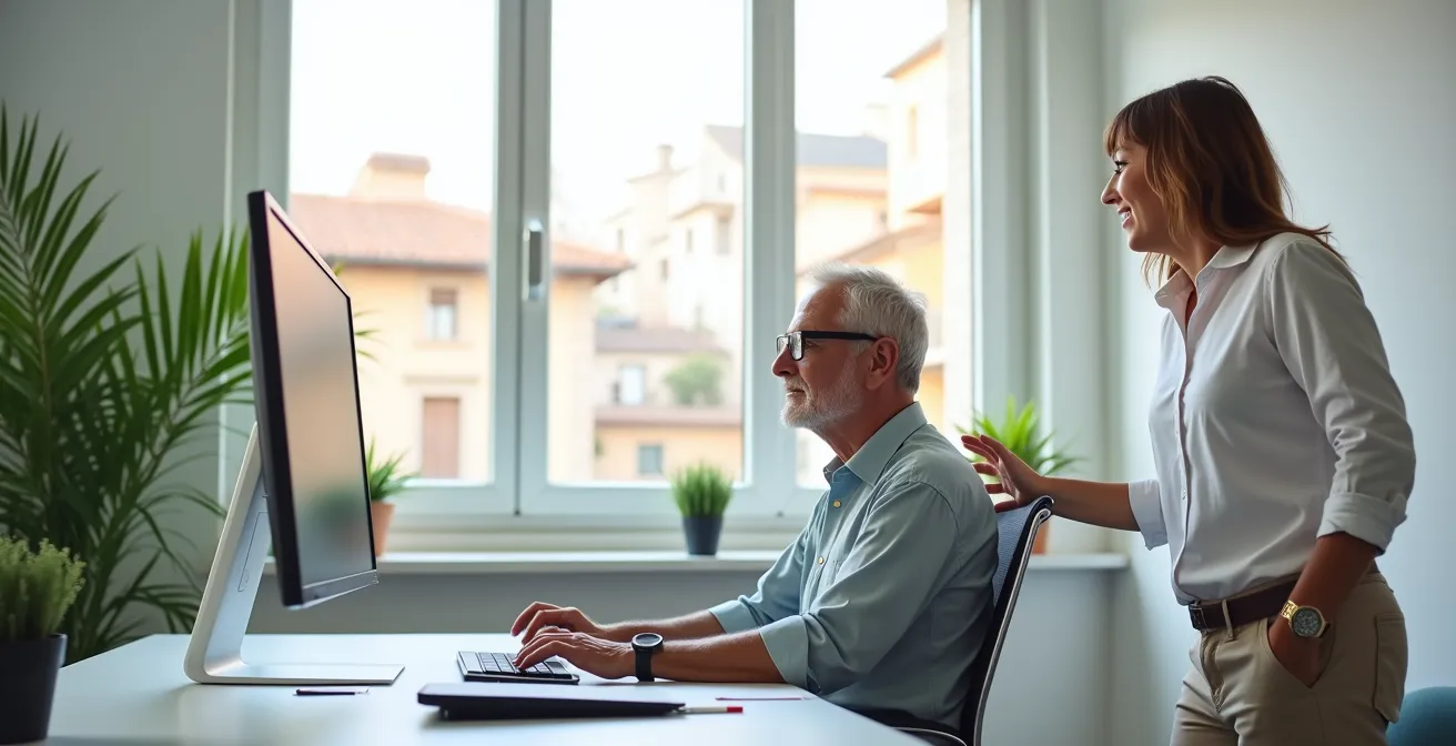 Dipendente senior che apprende nuovo software con supporto di collega più giovane