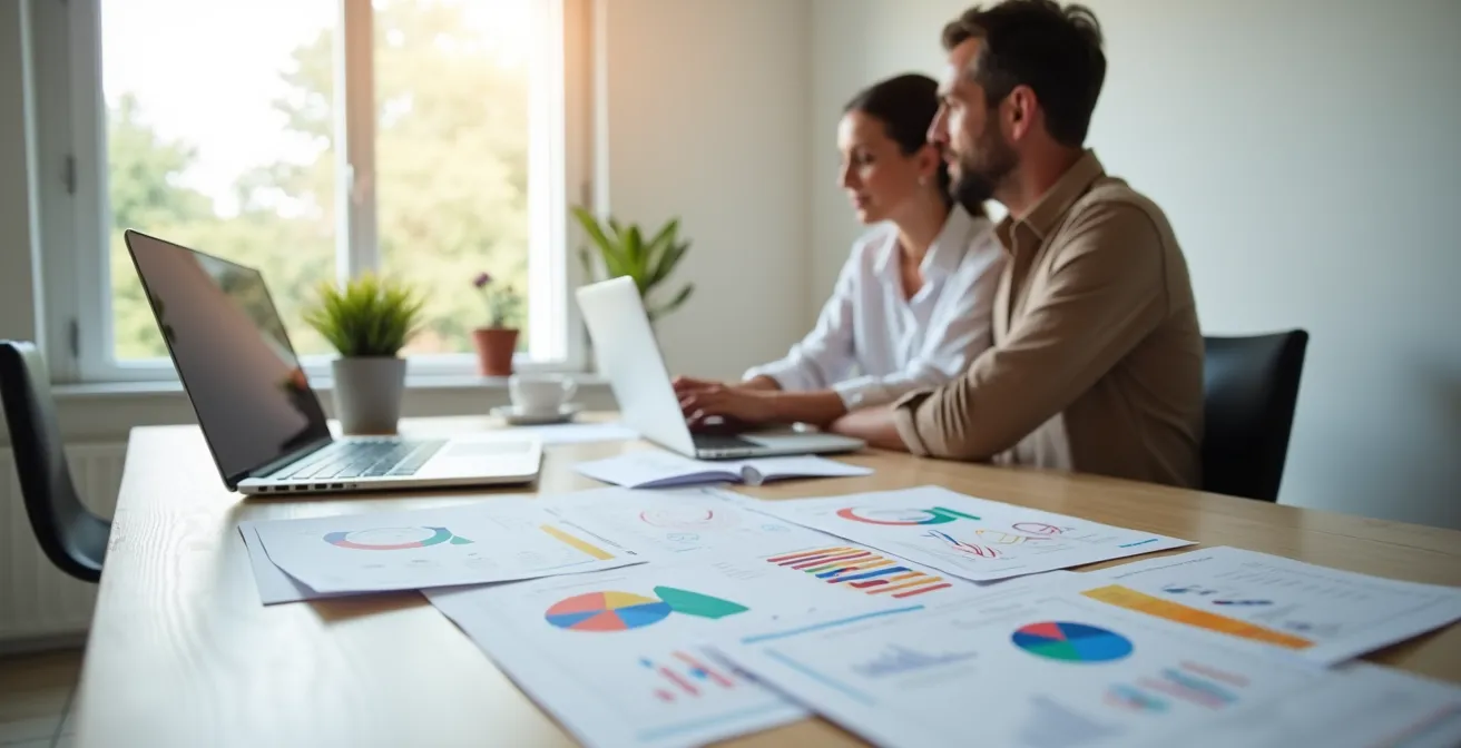 Coppia di genitori italiani al tavolo con ricevute scolastiche e laptop che pianificano l'uso del credito welfare per le spese dei figli