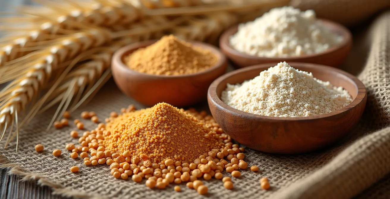 Spighe di grani antichi italiani e farine integrali su tavolo rustico