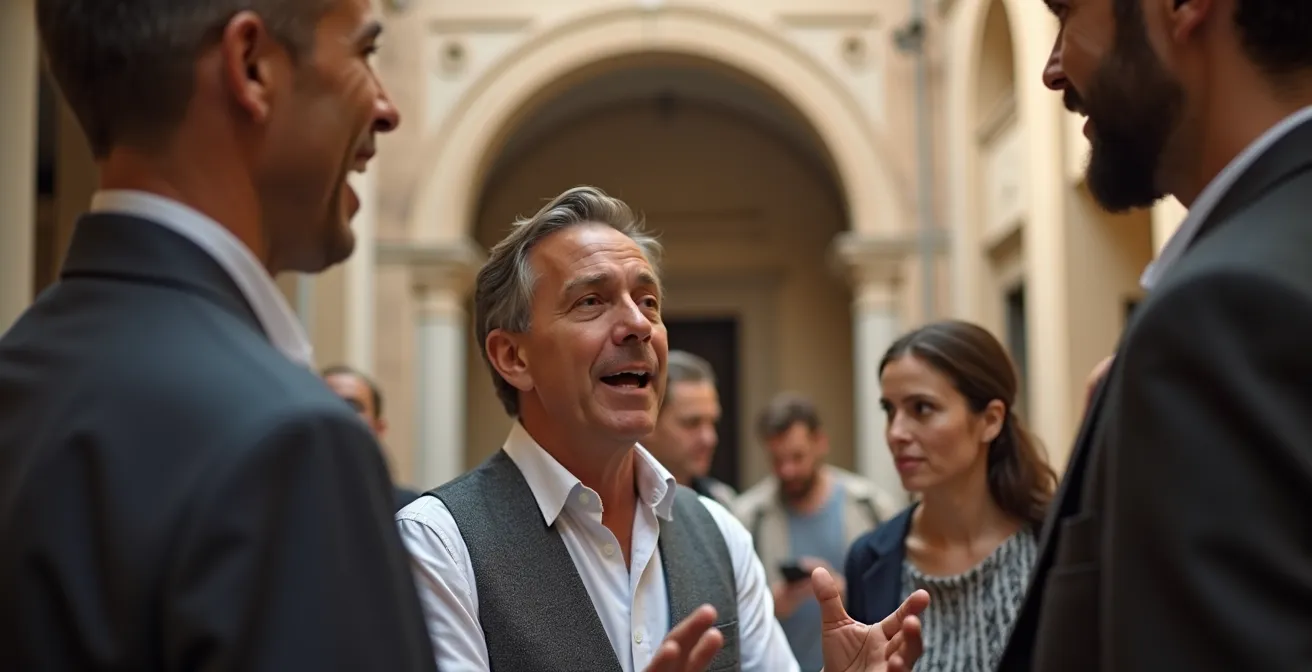 Guida turistica locale che illustra dettagli architettonici in un sito UNESCO italiano