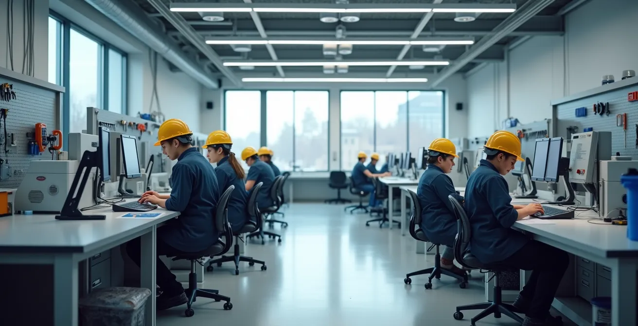 Studenti in un laboratorio di formazione professionale con attrezzature tecniche