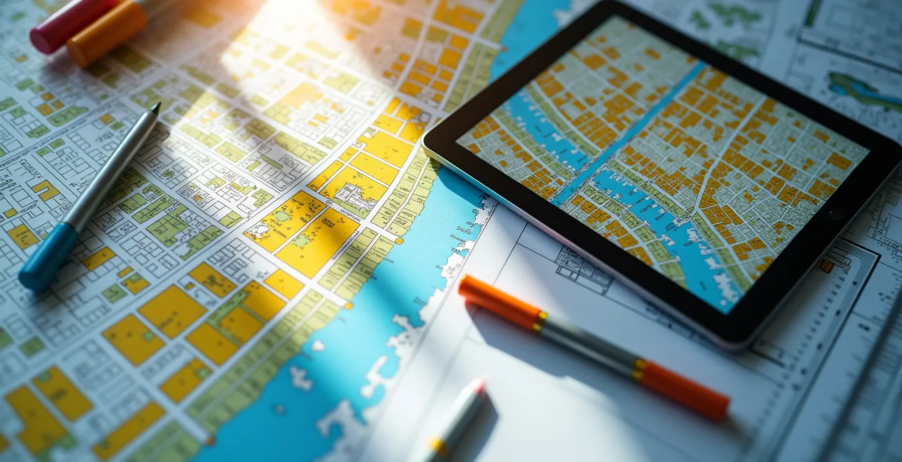 Vista dall'alto di una scrivania con mappe urbanistiche colorate e strumenti di pianificazione urbana