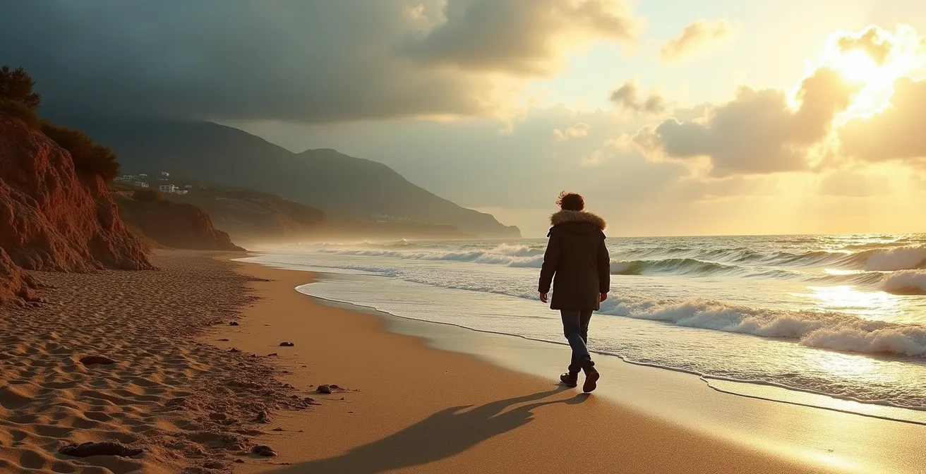 Spiaggia italiana in autunno con accumuli naturali di posidonia dopo una mareggiata
