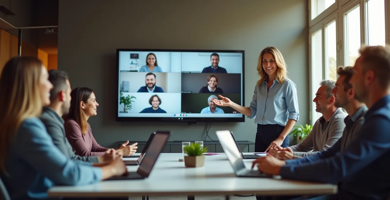 Riunione ibrida con facilitatore che coordina partecipanti in sala e remoti