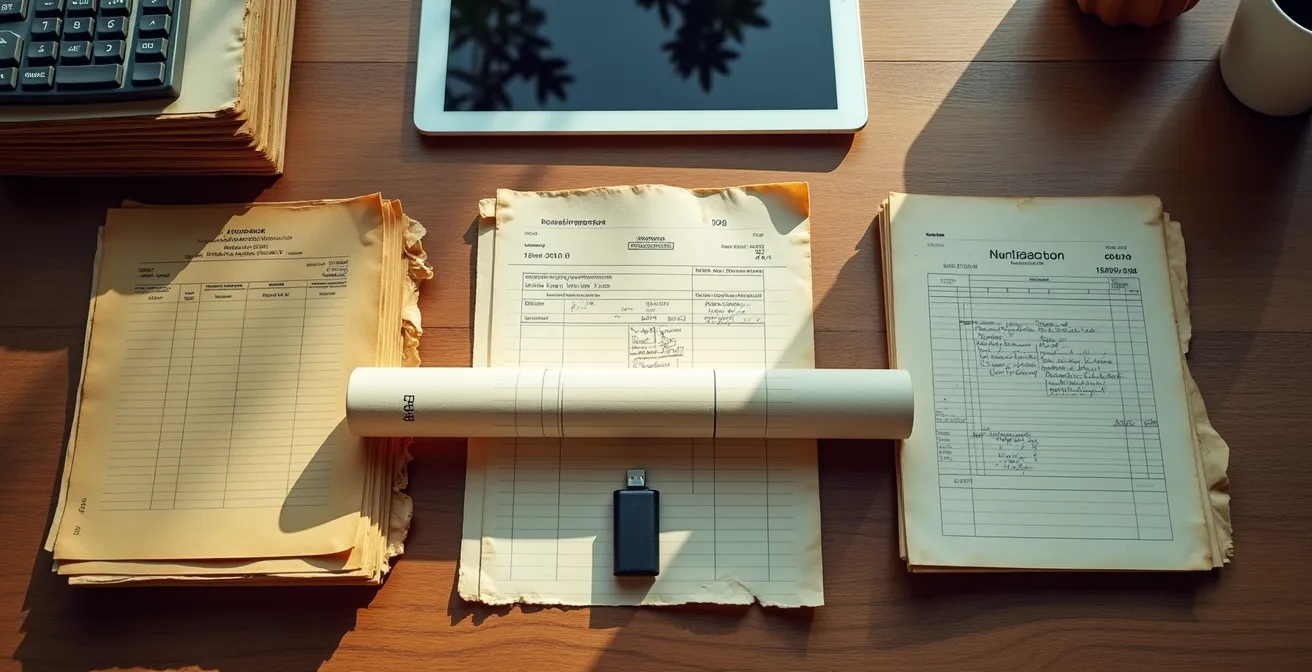 Documenti cartacei storici accanto a tablet moderno in ambiente di lavoro italiano