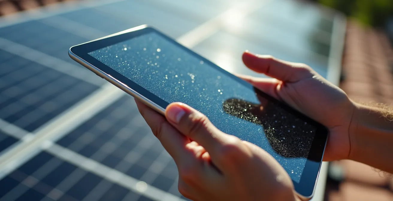 Tecnico su tetto condominiale con tablet che mostra grafici di produzione energetica