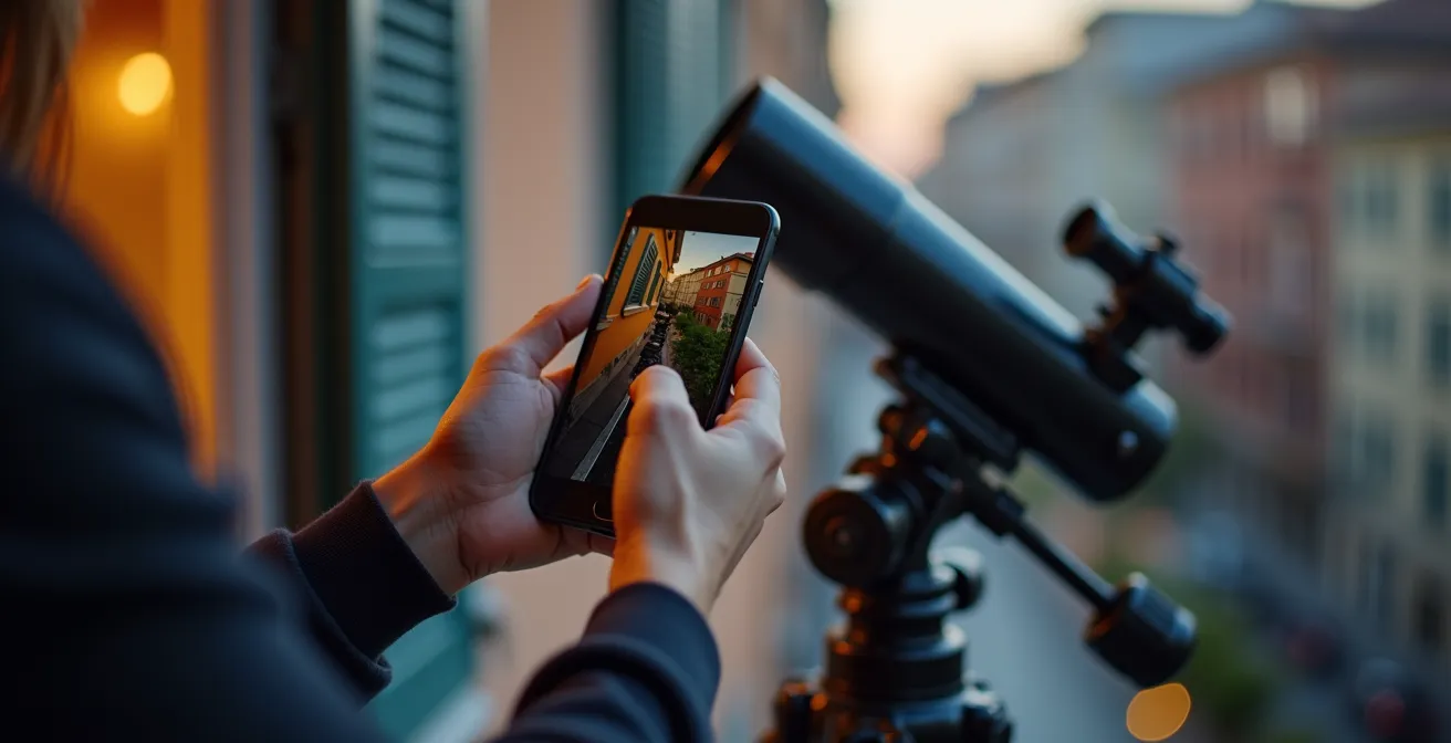 Vista ravvicinata di mani che utilizzano uno smartphone per allineare una montatura equatoriale telescopica