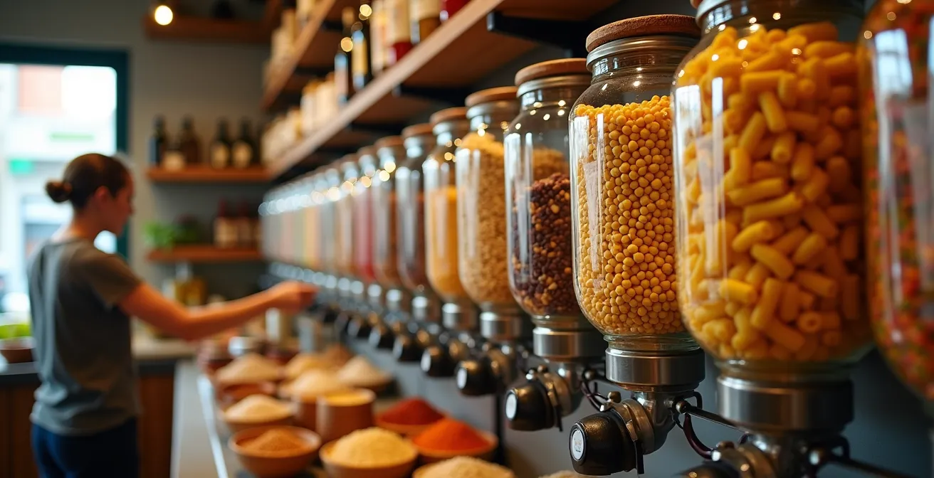 Interno di negozio alla spina italiano con distributori di pasta e cereali