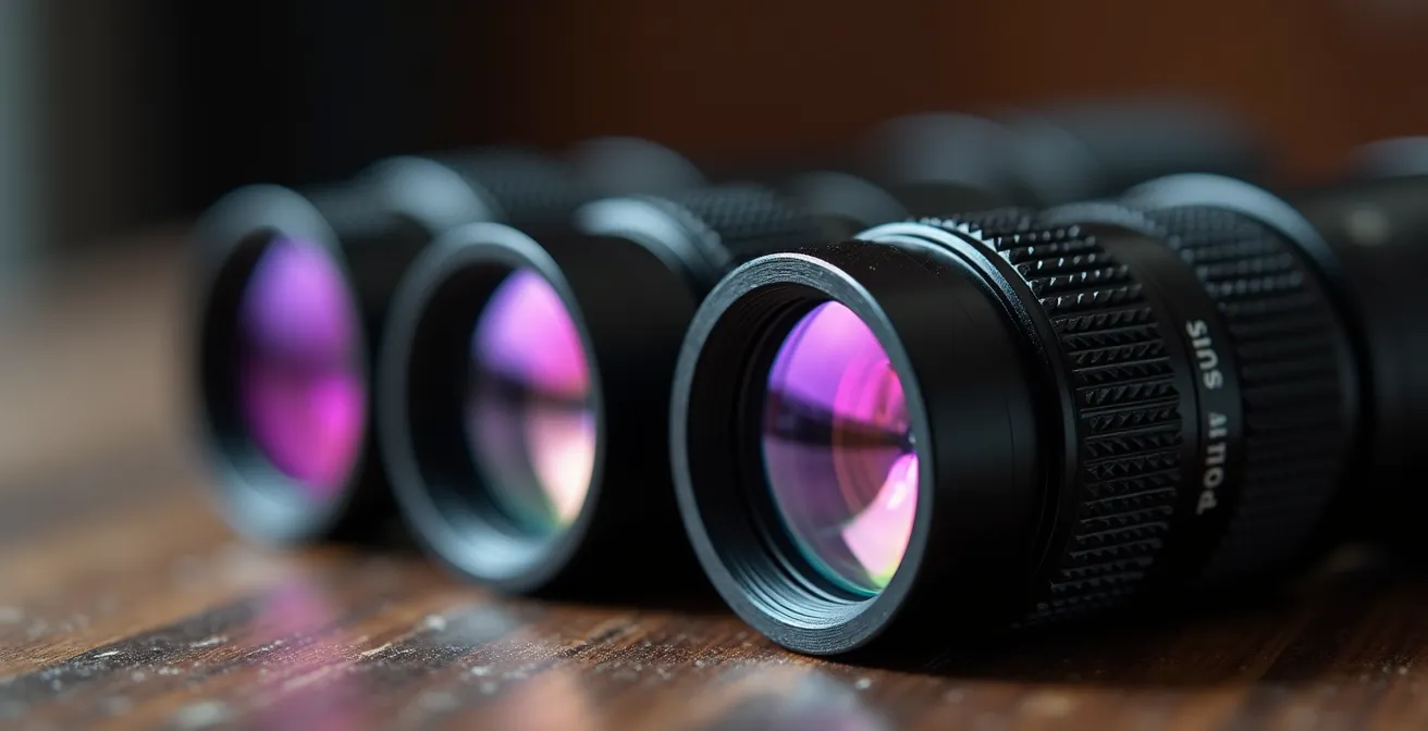 Vista macro ravvicinata di oculari astronomici professionali con riflessi delle lenti multitrattate