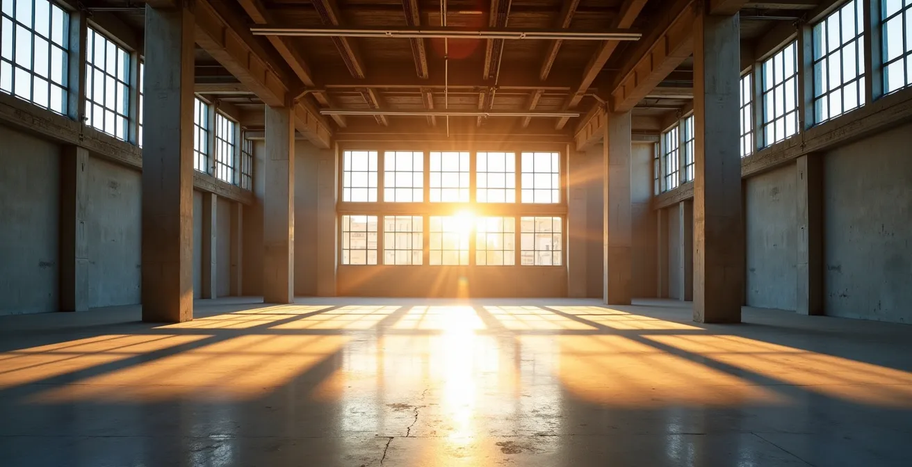 Ampio spazio open space con grandi finestre e luce naturale che attraversa l'ambiente