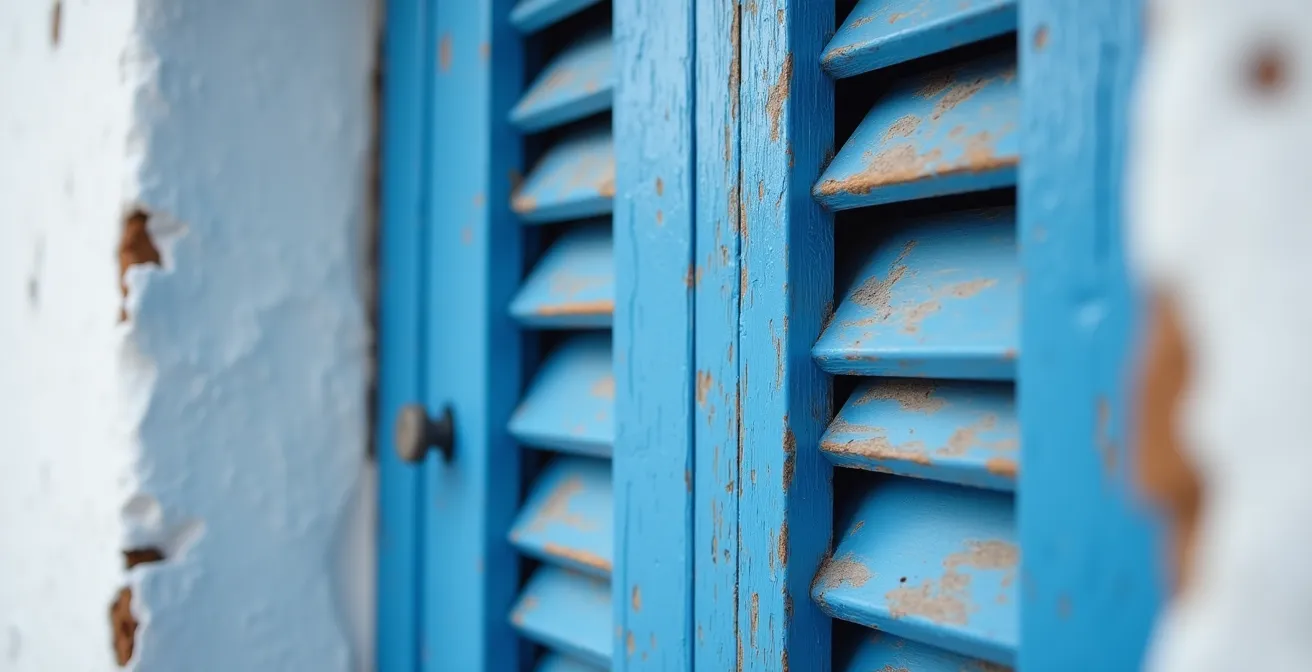 Dettaglio architettonico con persiana blu oltremare su parete bianca a calce