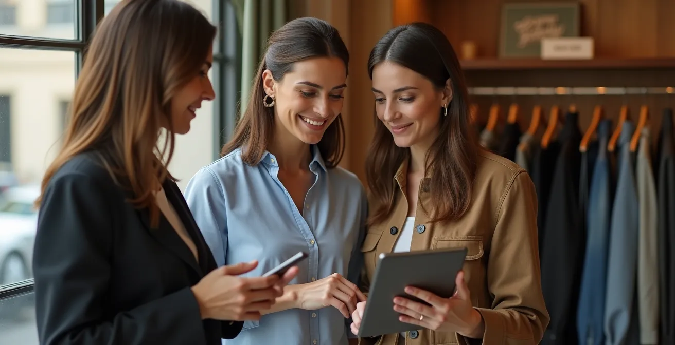 Addetto vendite italiano mostra catalogo digitale WhatsApp su tablet in negozio